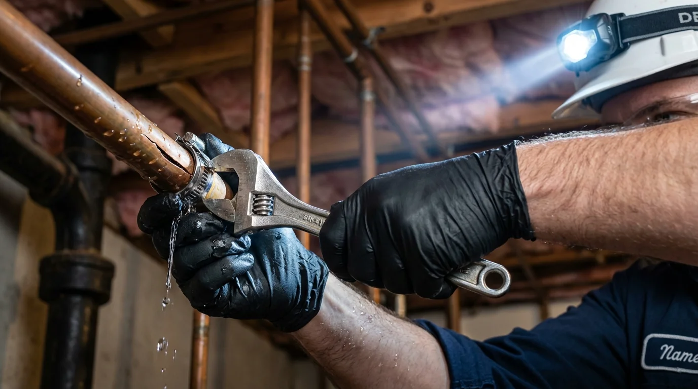 Emergency pipe clamp repair being performed by a Johns Plumbing LLC plumber in Cumberland