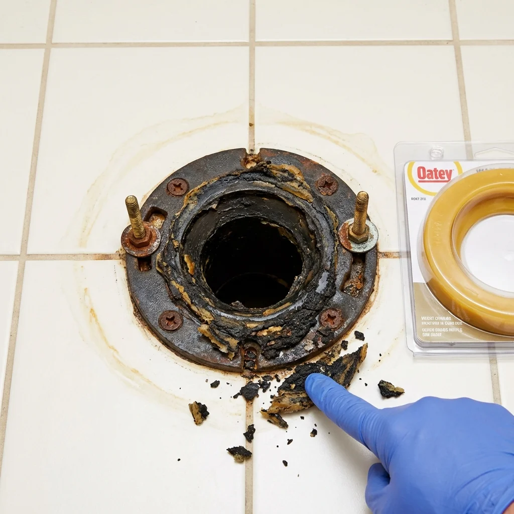 Failed wax ring showing water seepage at the base of a toilet in a Cumberland, WI home