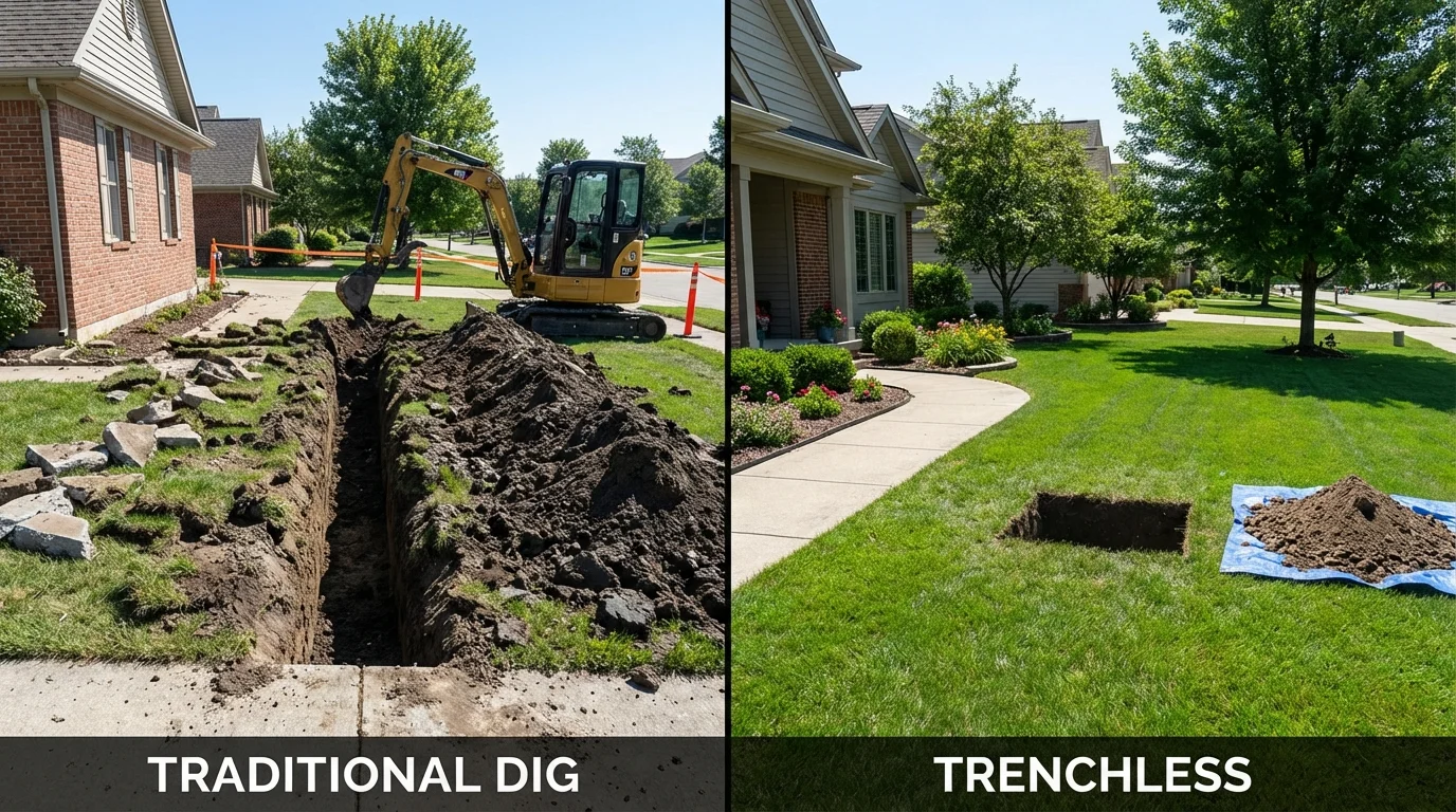 Trenchless sewer repair with minimal yard damage versus traditional excavation in Cumberland, WI