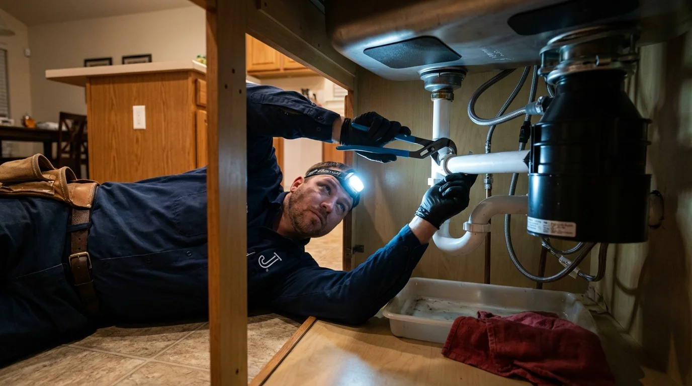 P-trap and supply line connections under a kitchen sink showing a common leak point in Cumberland, WI
